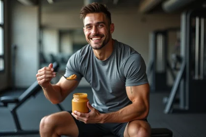 Jeune homme sportif mangeant du beurre de pecan