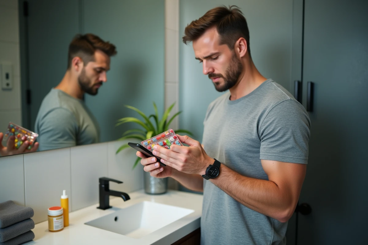 Homme vérifiant son planning de prise de compléments alimentaires en gummies sur smartphone dans la salle de bain, soulignant l'importance du suivi d'une cure
