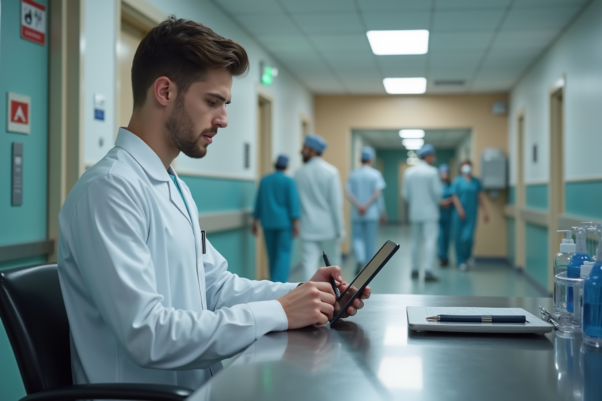 Jeune infirmier en blanc utilisant une tablette dans le couloir hospitalier