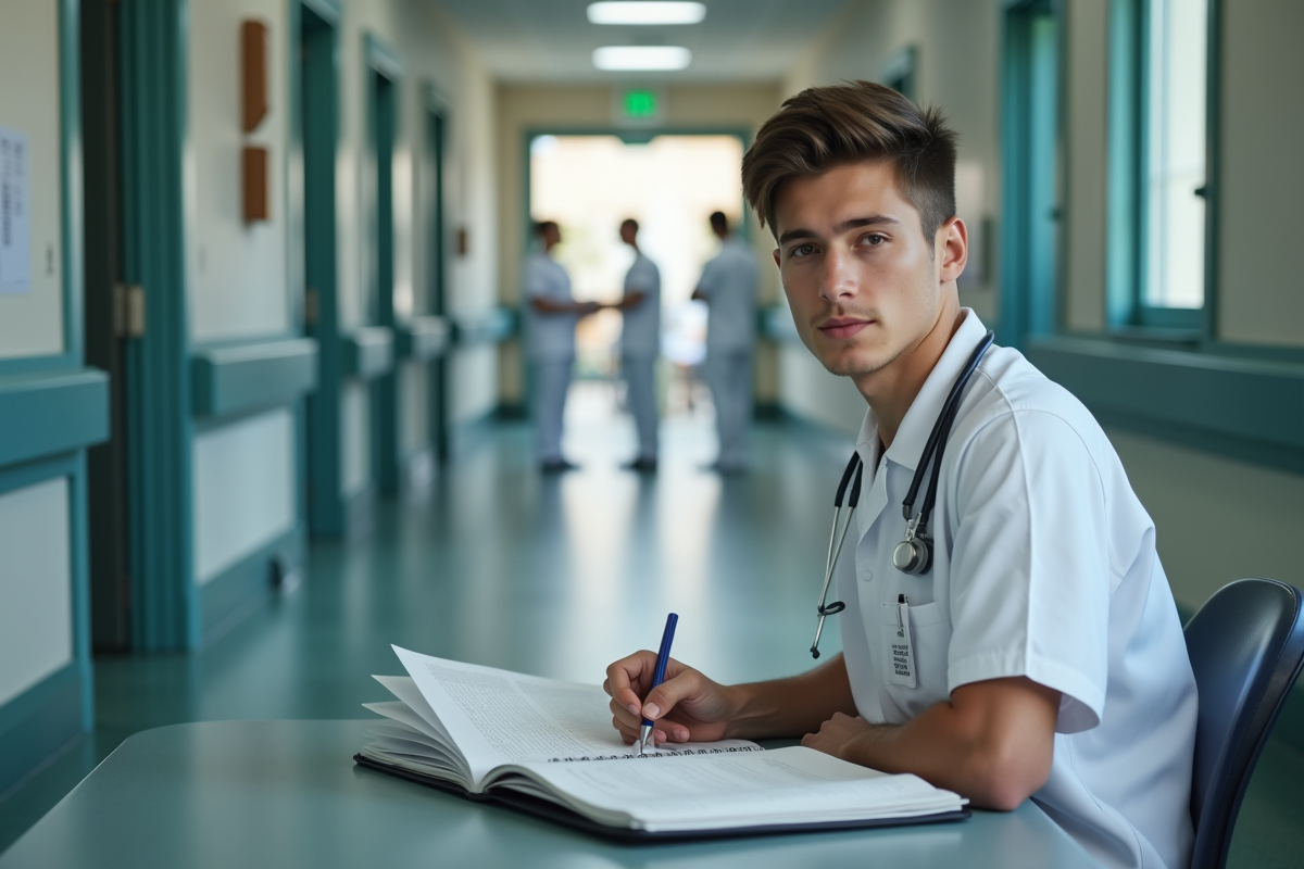 Jeune infirmier écrivant des notes dans un dossier dans le couloir