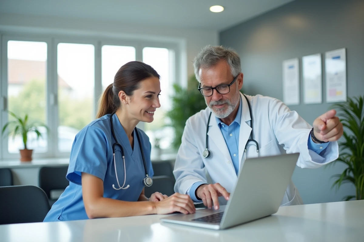 Infirmière et médecin consultant ensemble un logiciel de gestion médicale à l'accueil d'un cabinet