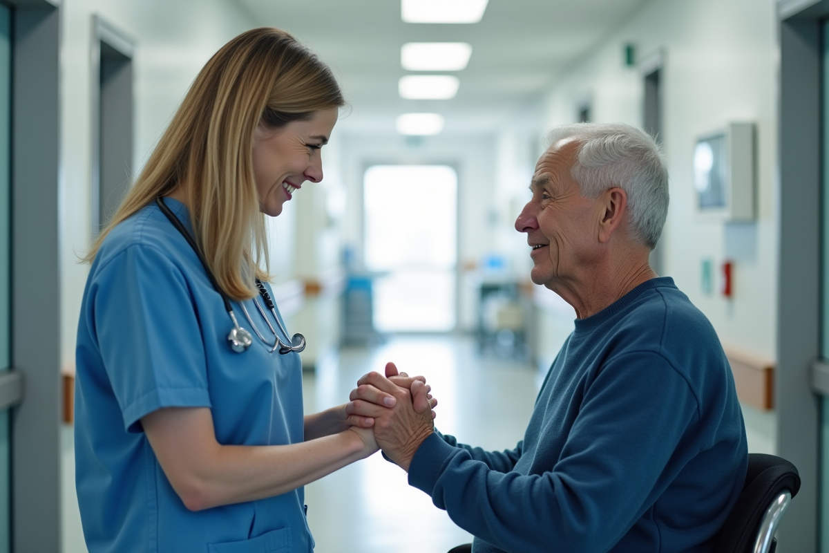 Infirmière en blouse bleue rassurant un patient âgé