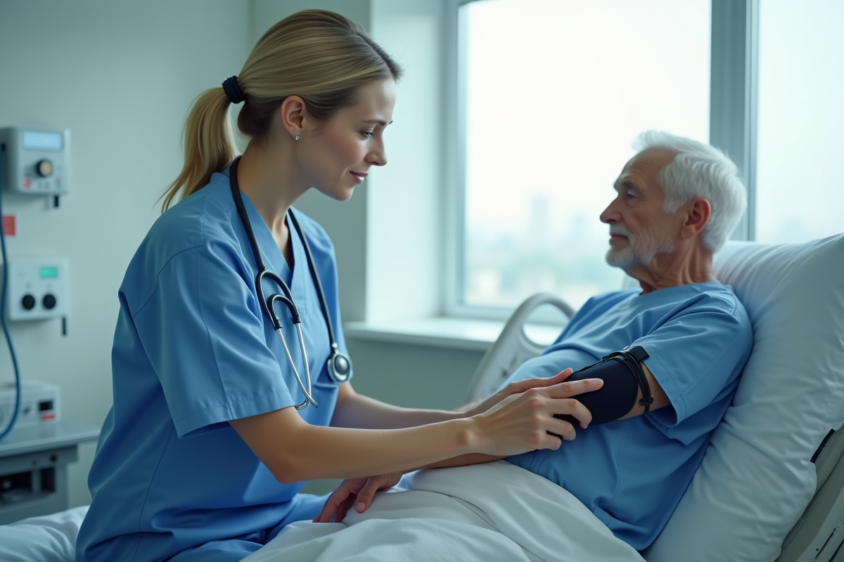 Infirmière en blouse bleue vérifiant le pouls d'une personne âgée
