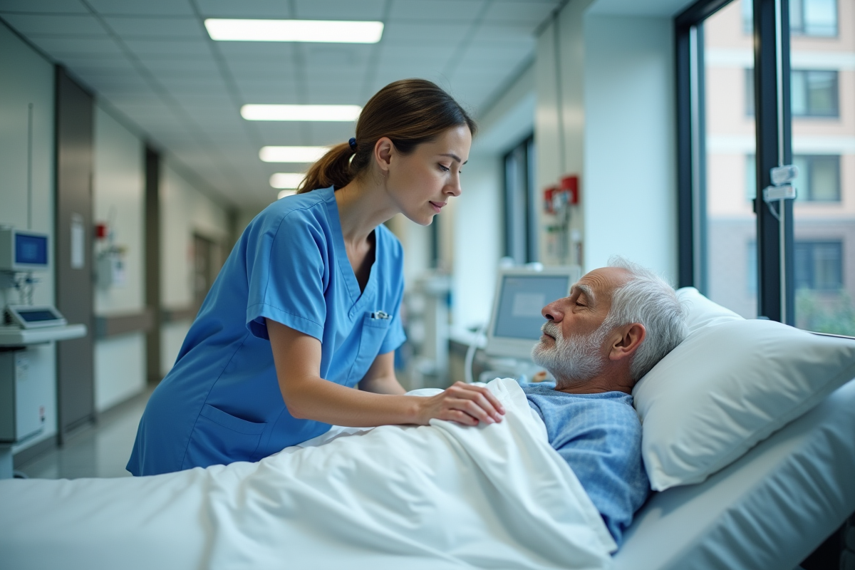 Infirmière en blouse bleue ajustant la couverture d'un patient âgé