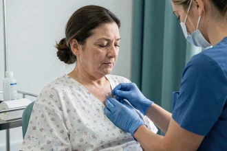 Infirmière inspectant un port-à-cath sous la clavicule d'une patiente en oncologie pour prévenir l'infection