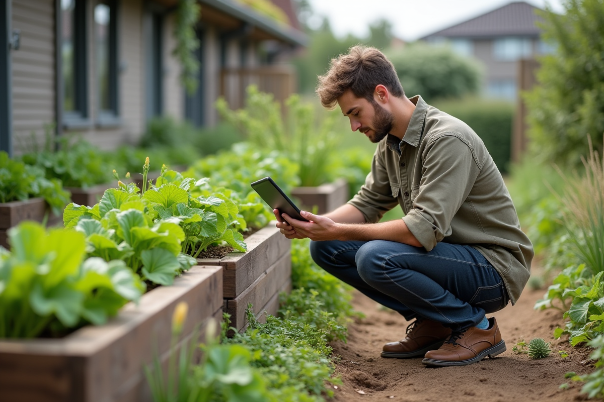 Jeune ingénieur agricole utilisant une tablette dans un jardin