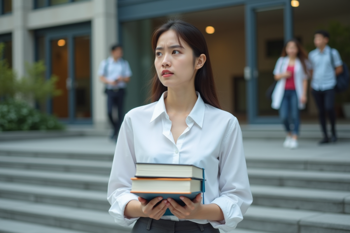 Jeune étudiante en médecine devant une université moderne