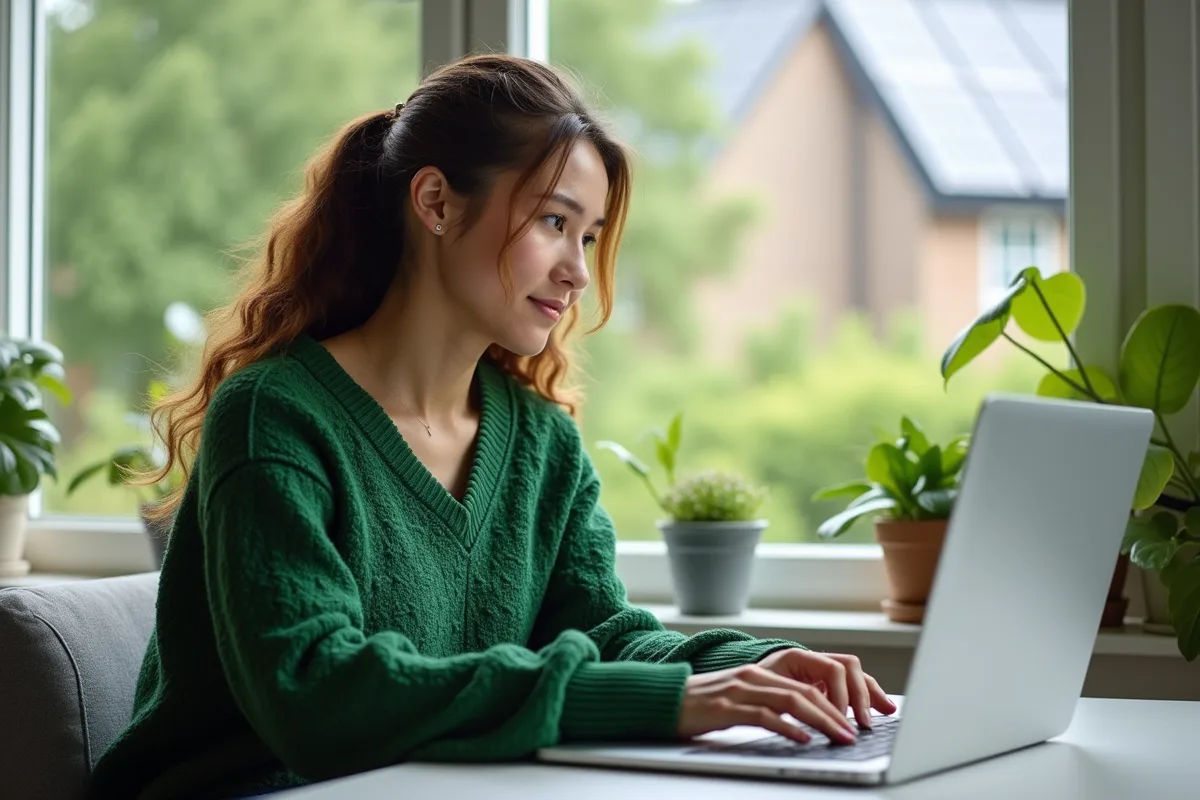 Jeune femme au bureau avec jardin et panneaux solaires