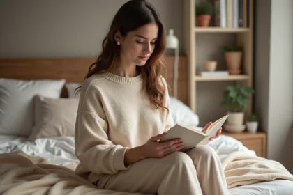 Jeune femme en loungewear tenant un livret bien-être dans un chambre cozy