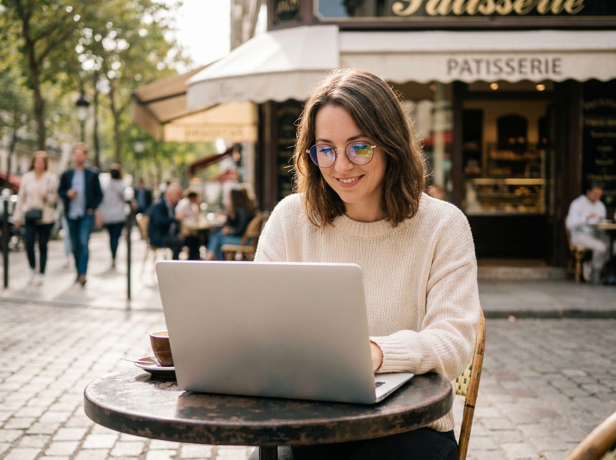 Jeune femme portant des lunettes rondes travaillant sur son ordinateur en terrasse de café à Paris, illustration du port de lunettes dans la vie professionnelle moderne