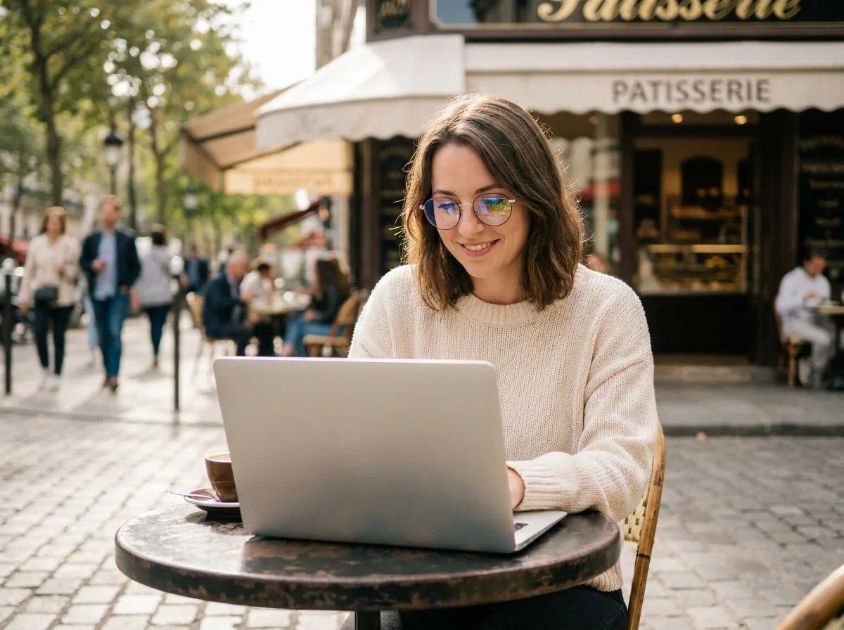 Jeune femme portant des lunettes rondes travaillant sur son ordinateur en terrasse de café à Paris, illustration du port de lunettes dans la vie professionnelle moderne