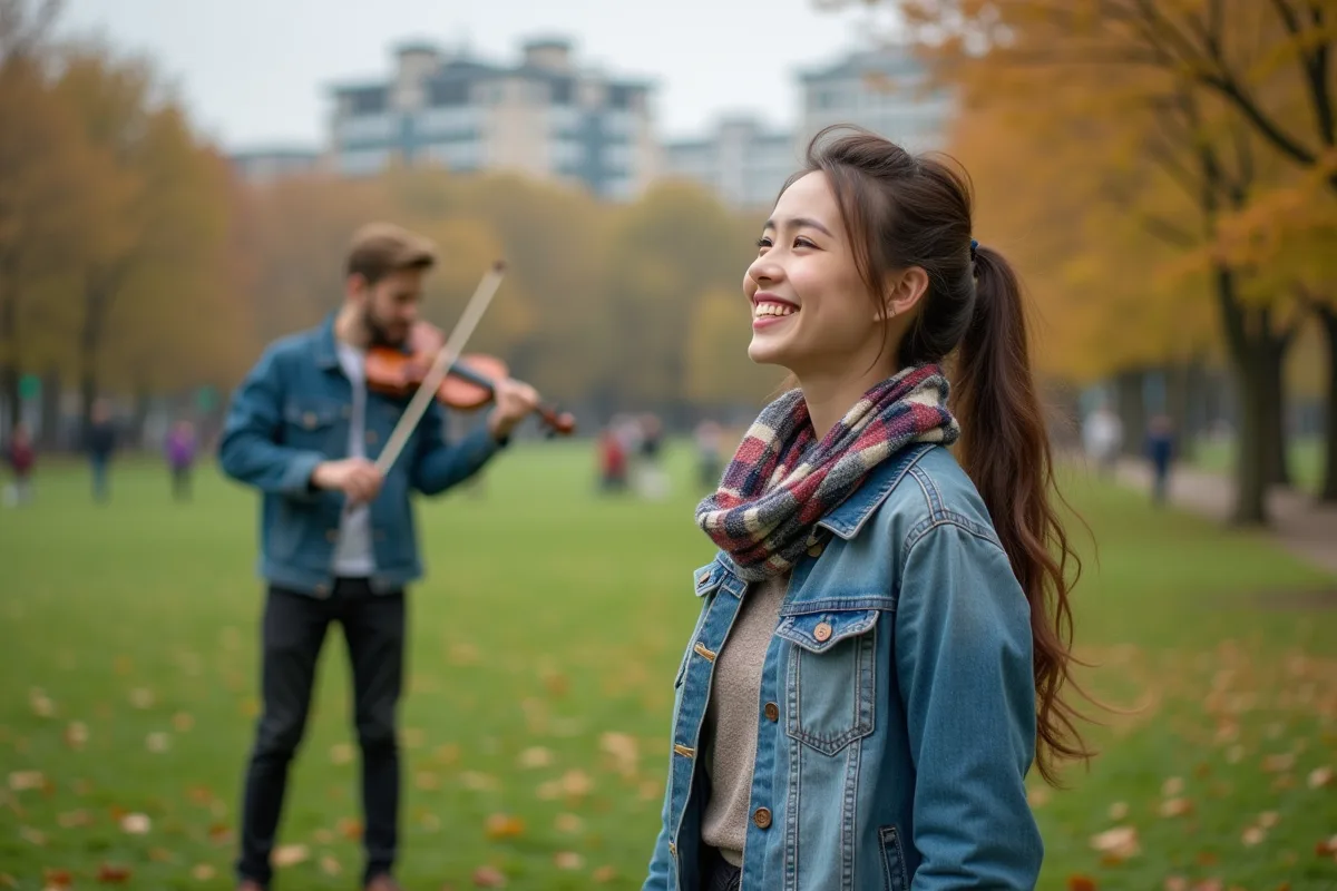 Jeune femme souriante dans un parc urbain avec musicien au violon