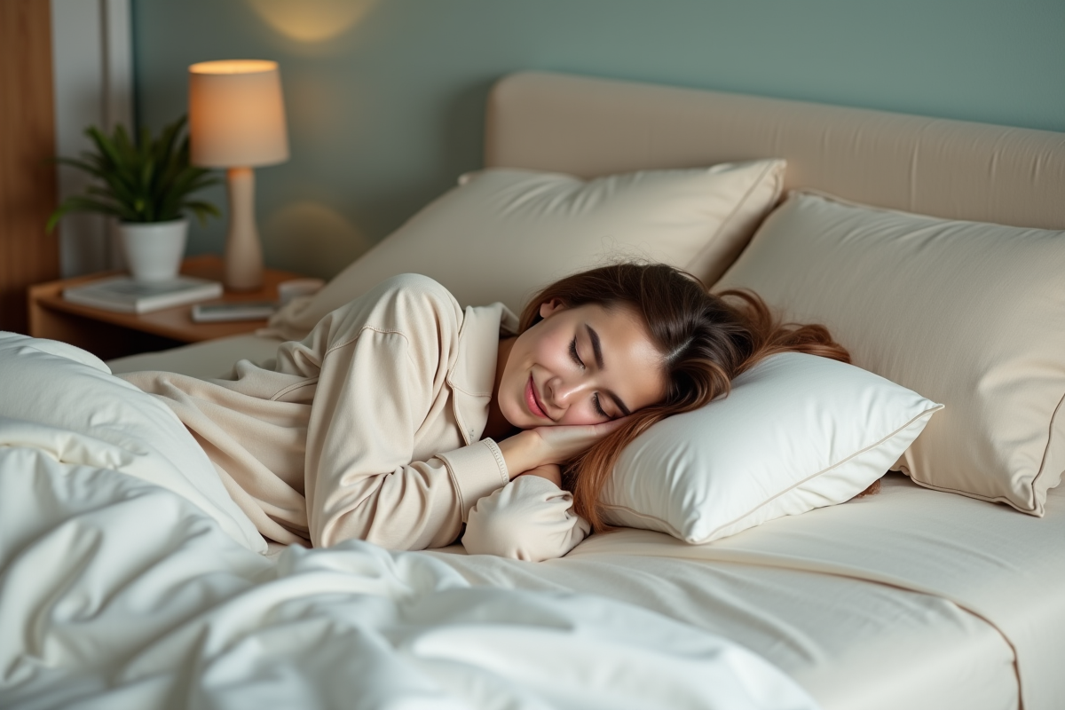 Jeune femme en pyjama reposant paisiblement dans son lit