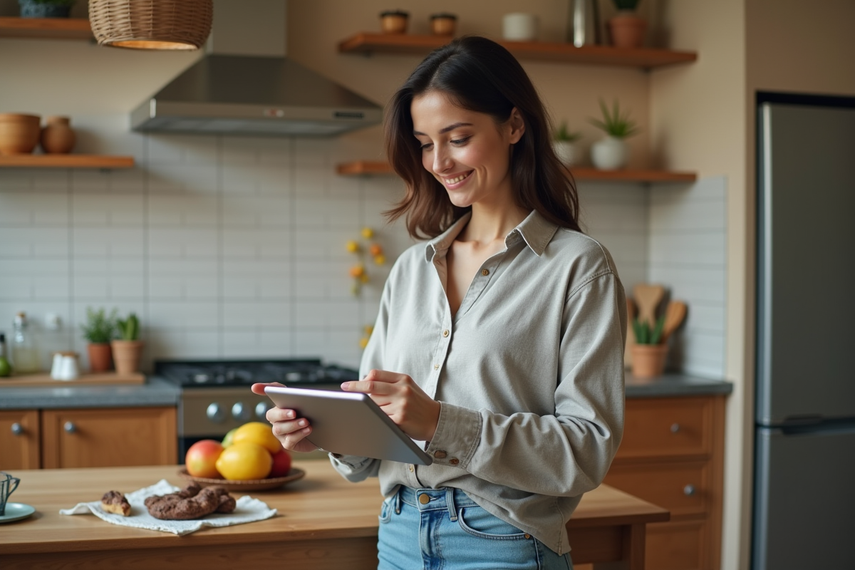 Jeune femme examinant un tableau BMI sur une tablette dans la cuisine
