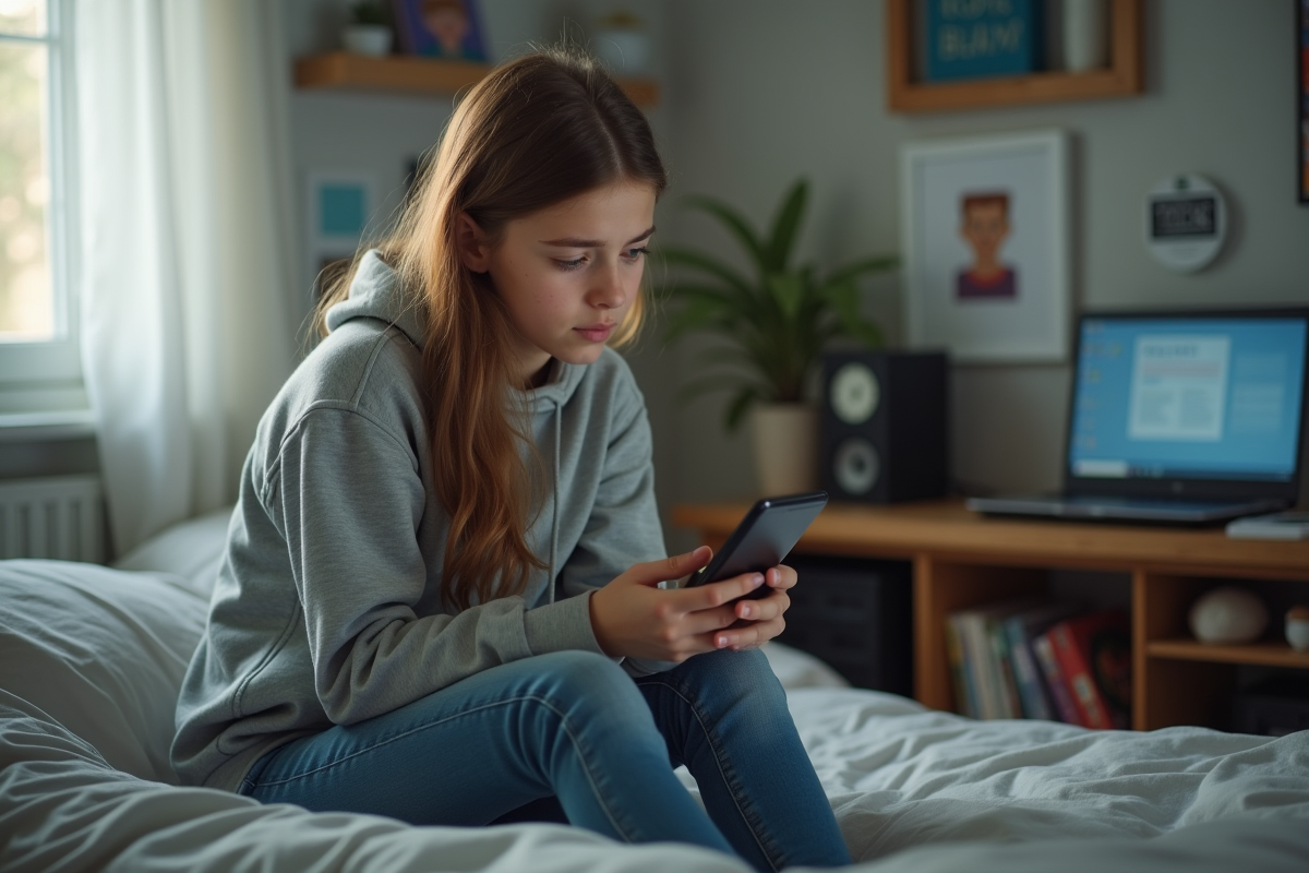 Jeune fille en hoodie regardant son smartphone dans sa chambre