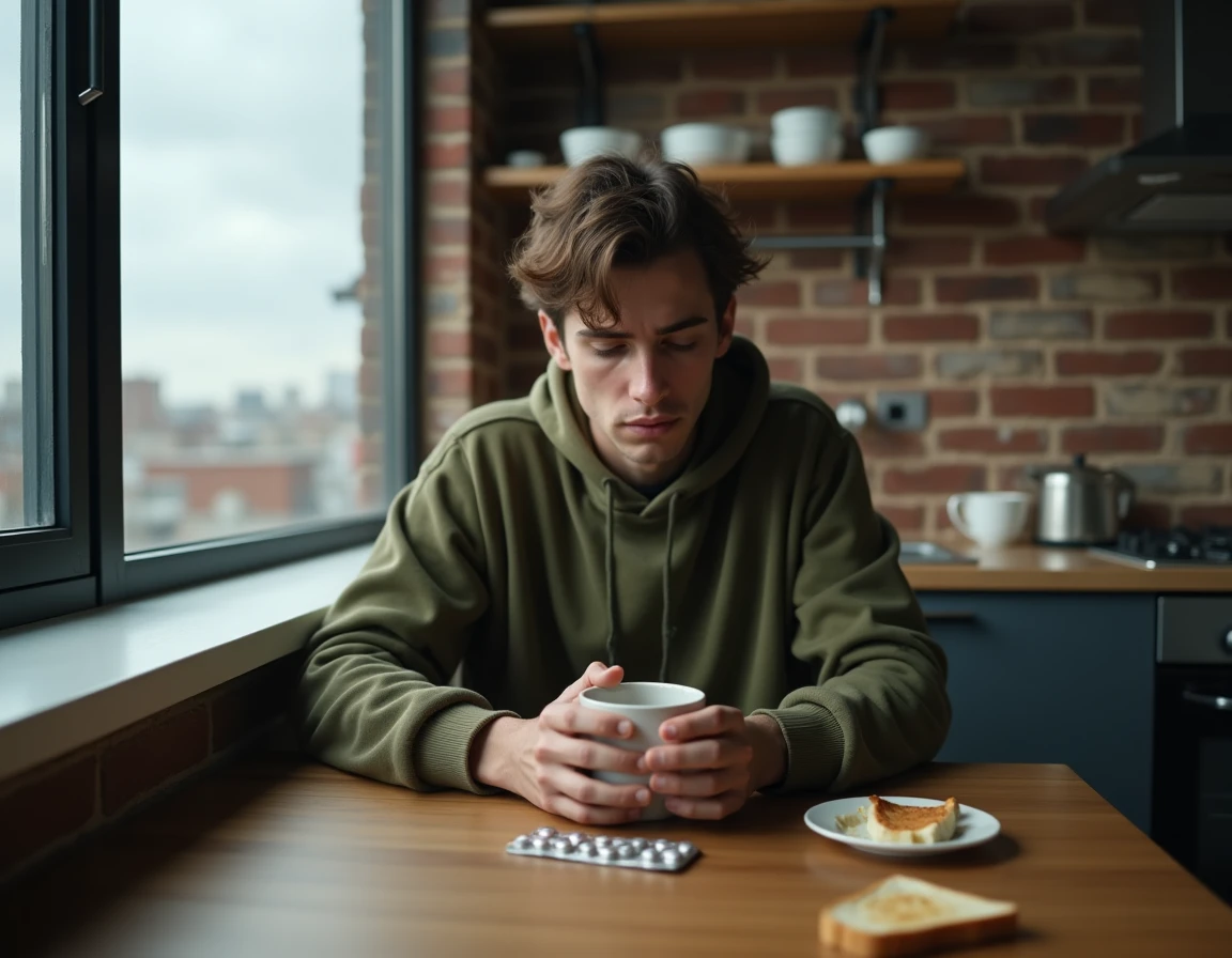 Jeune homme seul dans sa cuisine avec médicaments et tasse de thé, représentant l'isolement et les symptômes inhabituels liés au nouveau variant Covid 2026