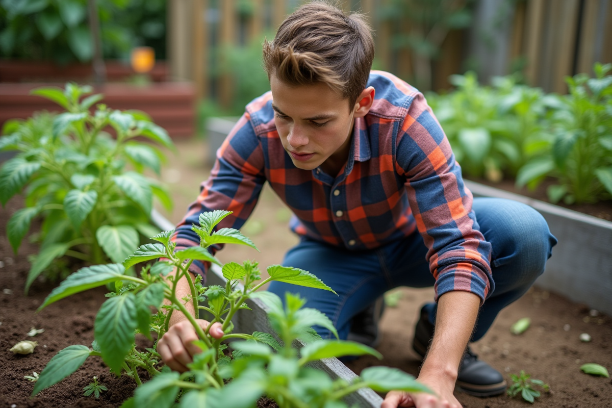 Jeune homme inspectant des feuilles de tomate dans un jardin