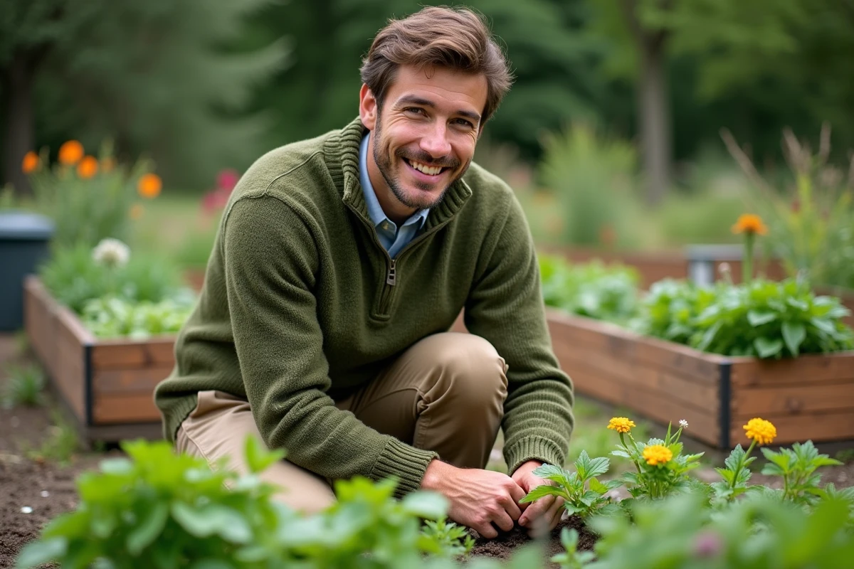 Jeune homme cultivant des herbes dans un jardin bio