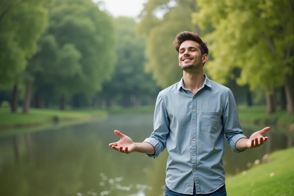 Jeune homme dans un parc en pleine nature avec un sourire serein