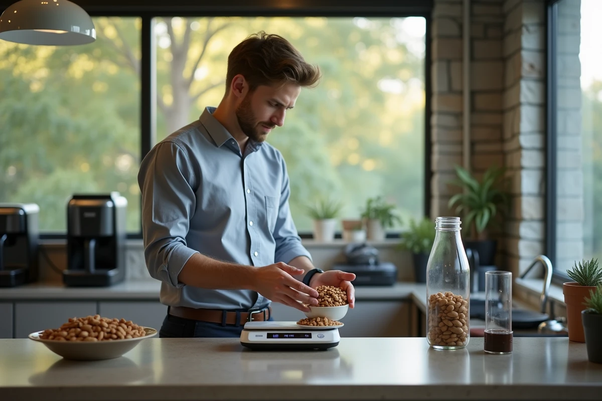 Jeune homme pesant des amandes dans un espace break