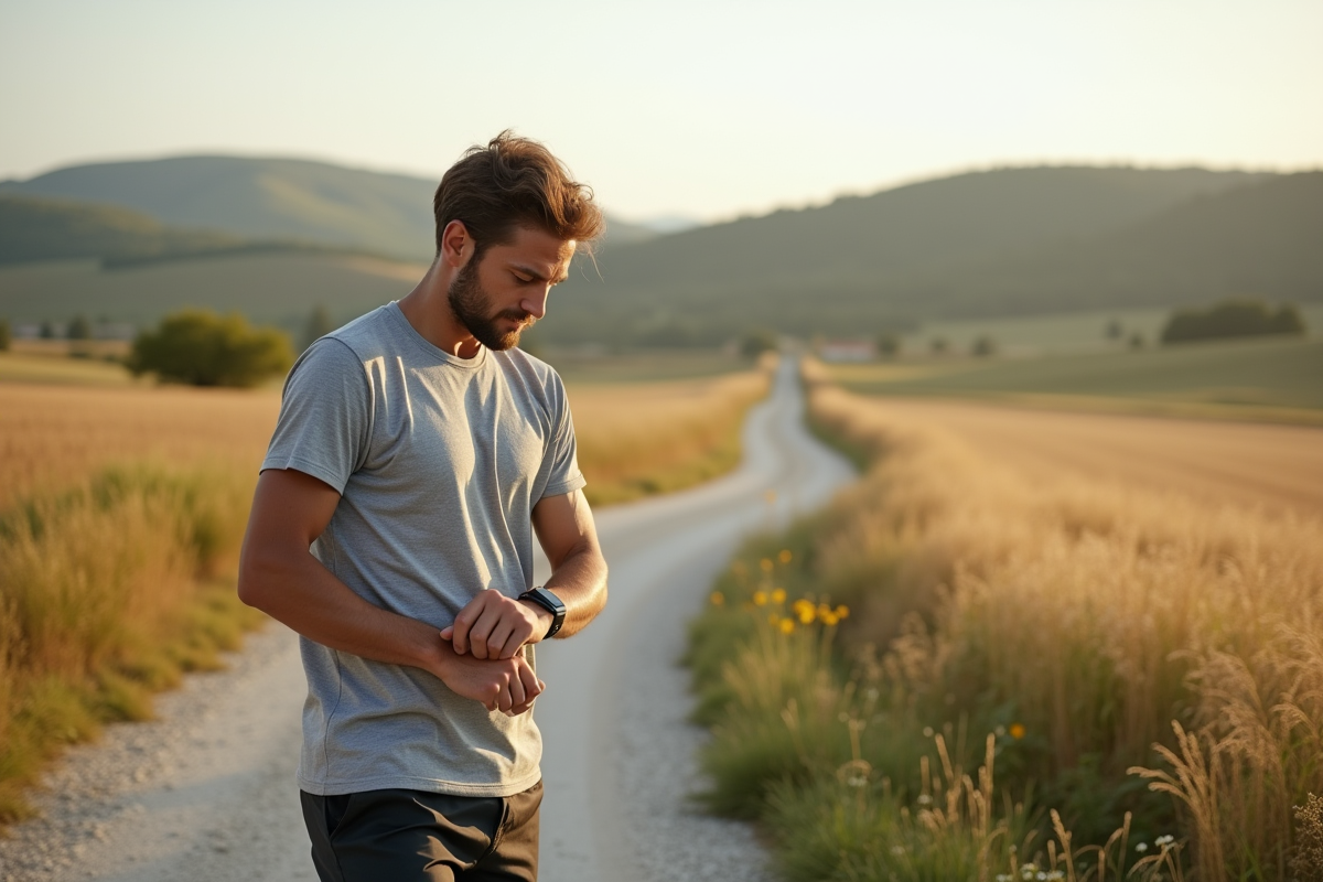 Jeune homme courant dans les champs ruraux