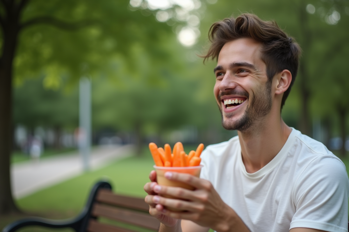 Jeune homme dans un parc ouvrant un snack de carottes