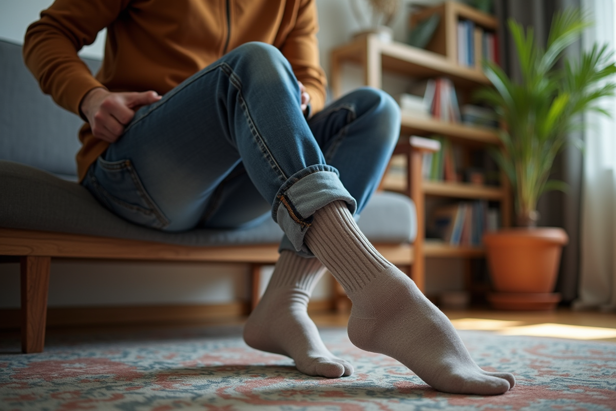 Jeune homme assis sur un banc en intérieur avec chaussettes superposées