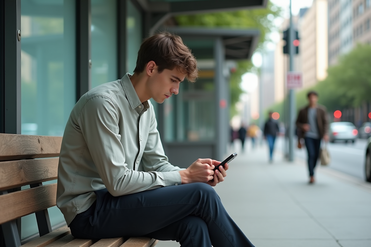 Jeune homme anxieux vérifiant ses notifications dans une ville