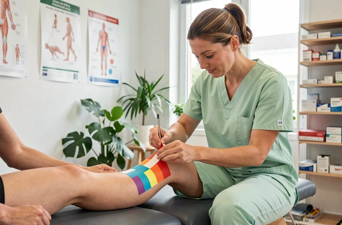 Kinésithérapeute appliquant du taping thérapeutique sur le genou d'un patient à Chelles