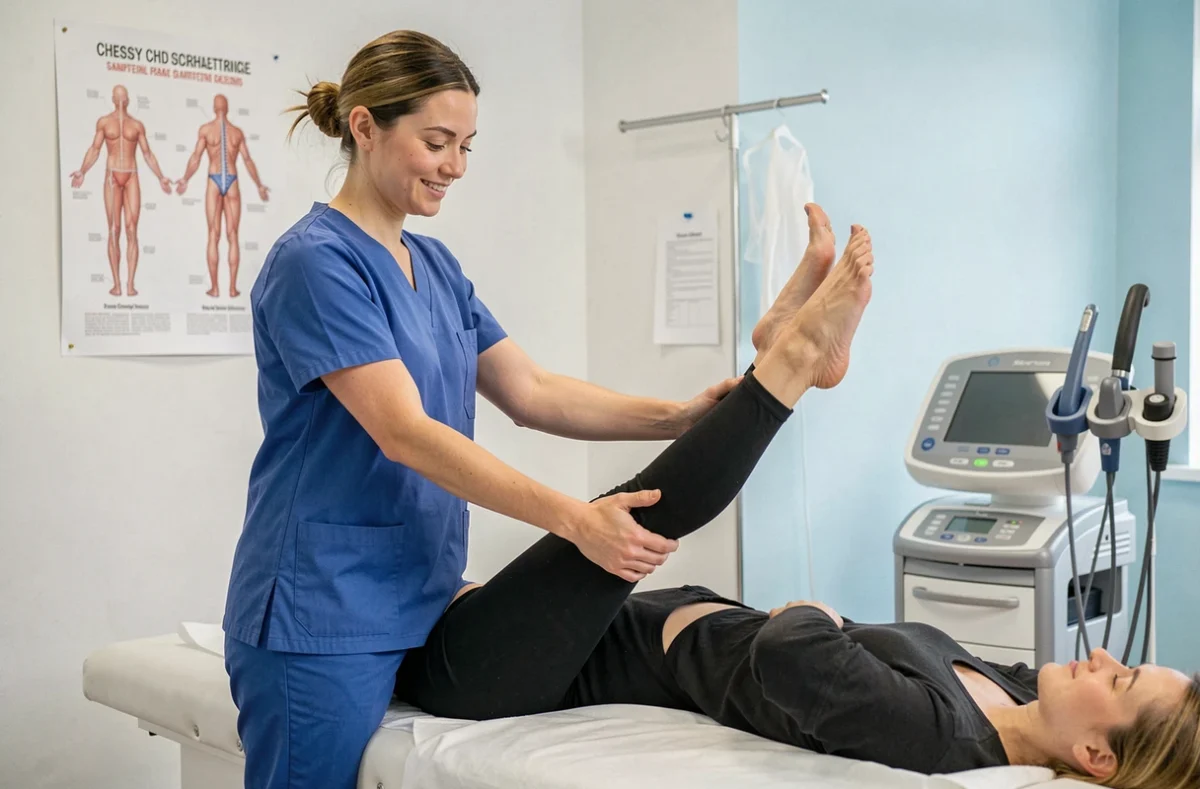 Kinésithérapeute effectuant un étirement passif des ischio-jambiers sur un patient à Chessy