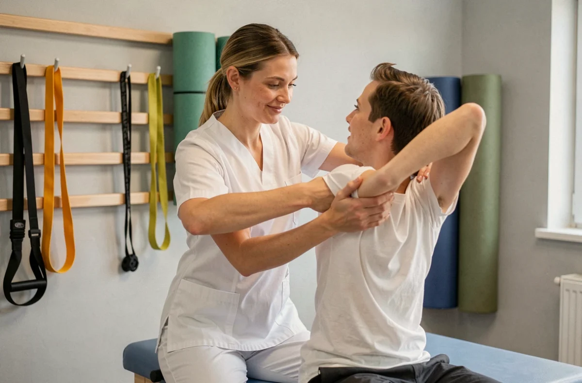 Kinésithérapeute guidant un patient lors d'exercices de mobilité à Chessy