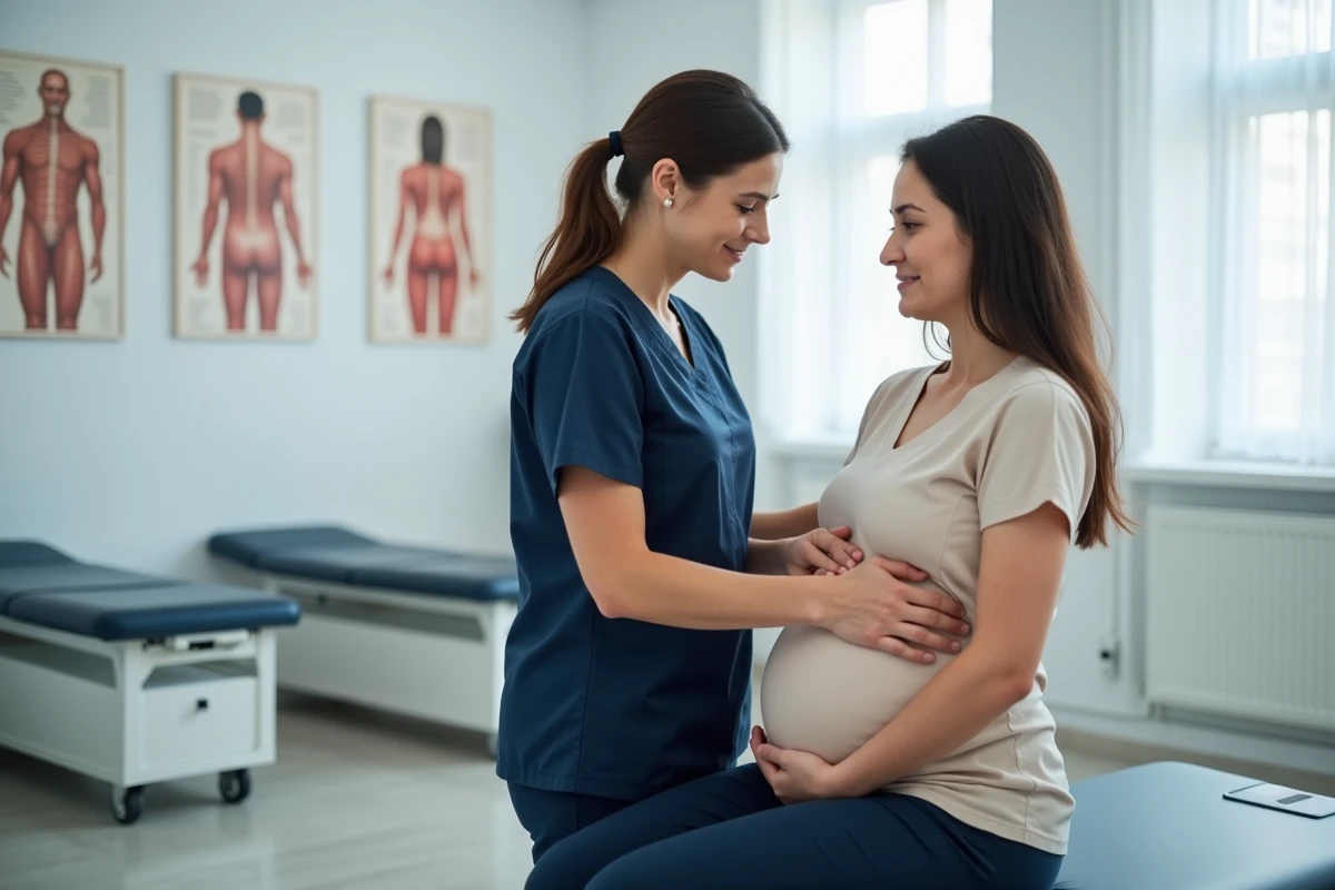 Kinésithérapeute massant le dos d'une femme enceinte en cabinet de physiothérapie