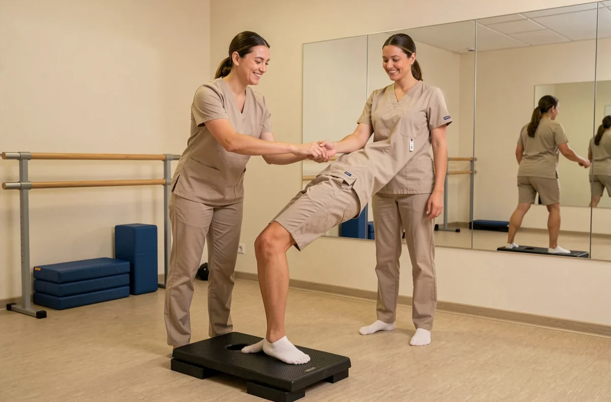 Kinésithérapeute supervisant des exercices d'équilibre sur plateau proprioceptif à Montry
