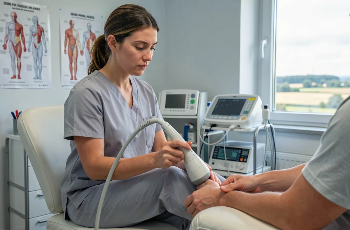 Kinésithérapeute utilisant un appareil d'échothérapie sur la cheville d'un patient à Seine-Port