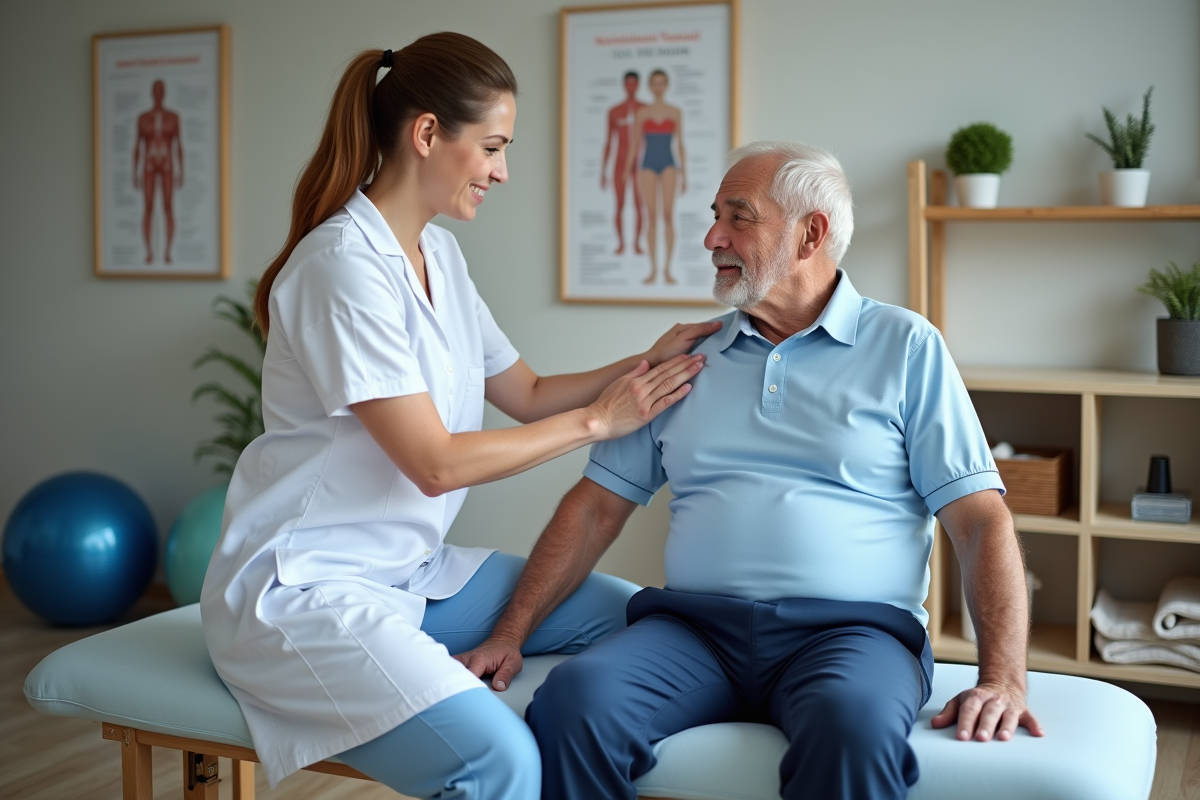 Jeune physiothérapeute aidant un patient âgé à faire des exercices d'épaule