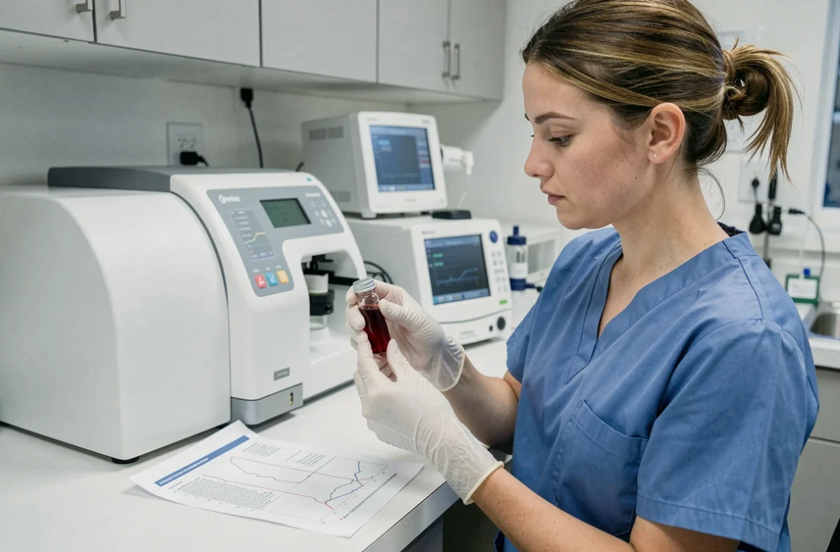 Technicienne de laboratoire analysant un bilan sanguin avec un analyseur hématologique