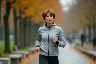 Femme de 45 ans marchant rapidement dans un parc urbain avec un tracker de fitness au poignet pour atteindre 10000 pas par jour