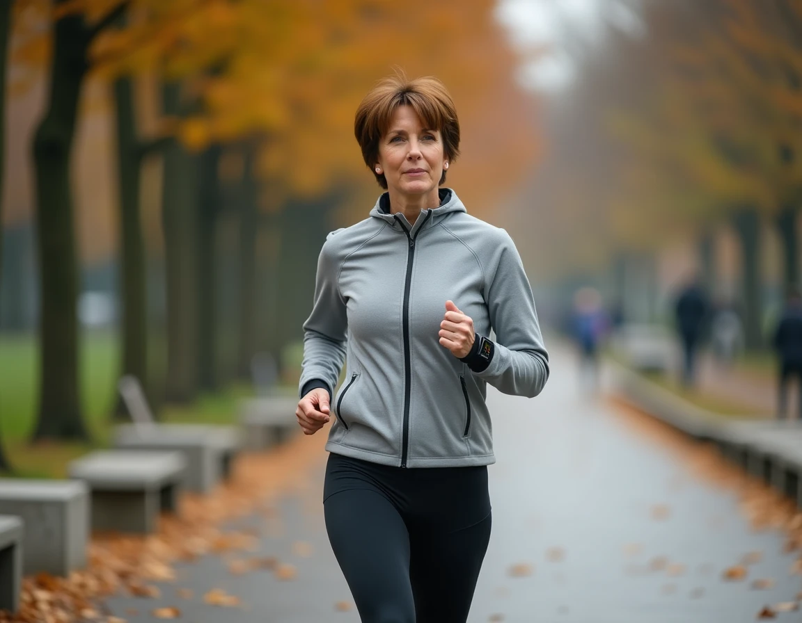 Femme de 45 ans marchant rapidement dans un parc urbain avec un tracker de fitness au poignet pour atteindre 10000 pas par jour
