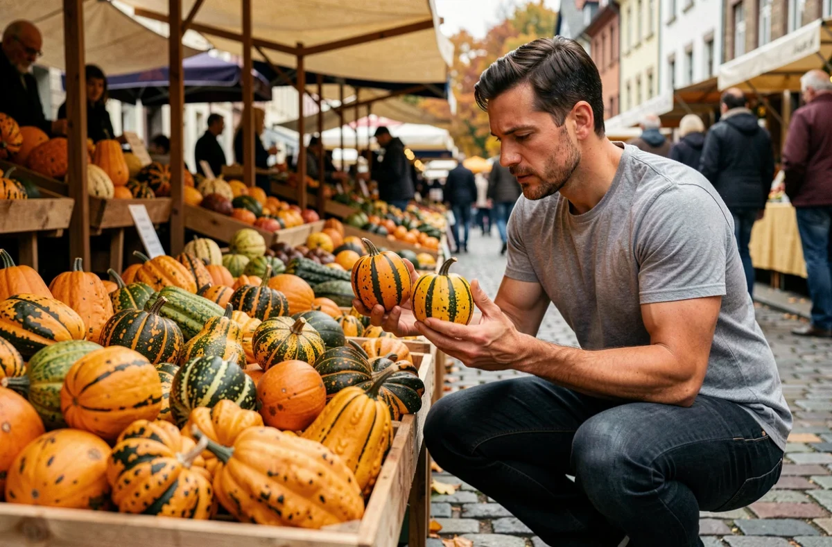 Homme comparant des coloquintes et courges amères sur un marché en plein air pour identifier les variétés toxiques