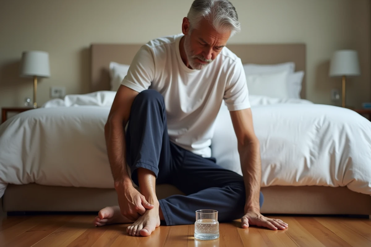 Homme massant son talon douloureux avec une bouteille d'eau glacée pour calmer la douleur d'une épine calcanéenne à domicile