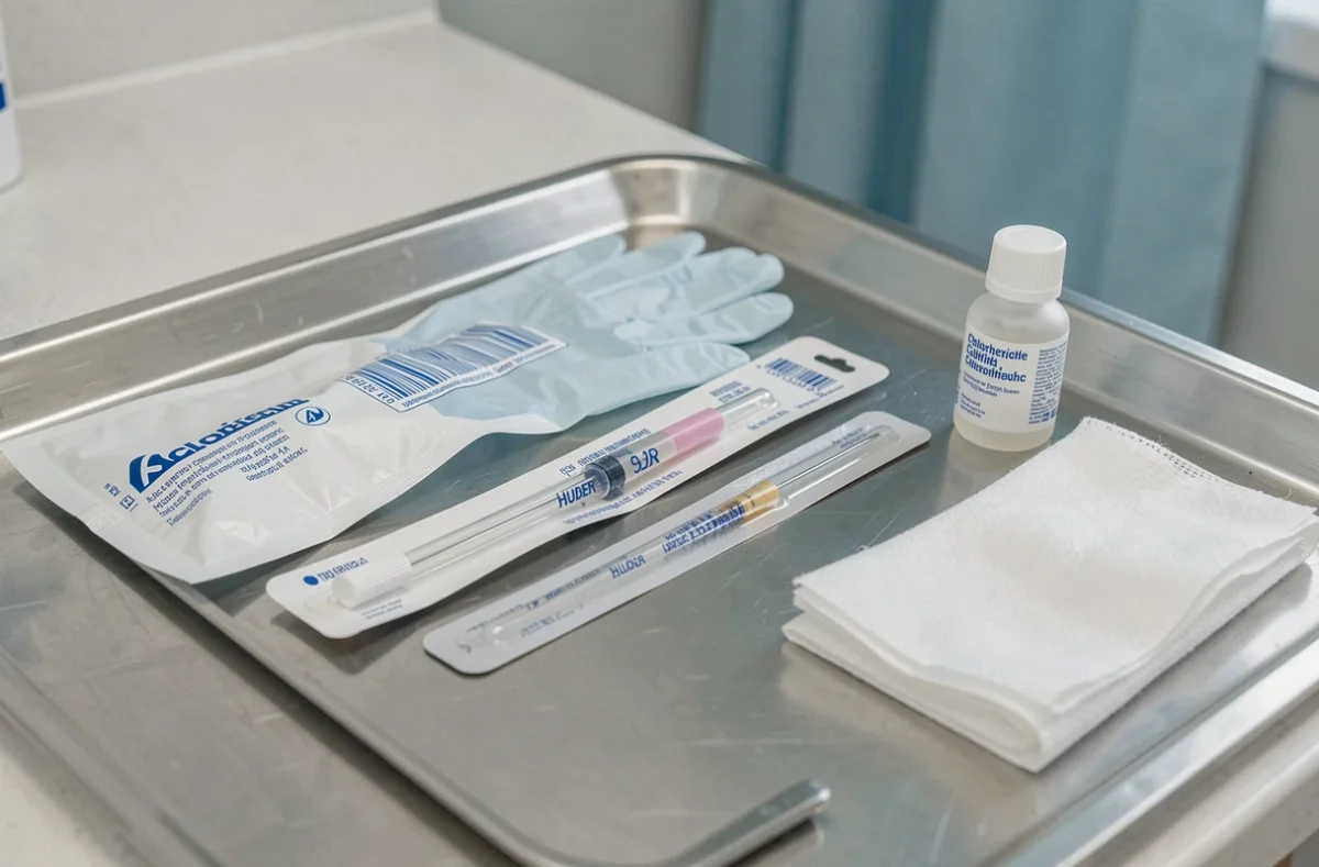 Matériel stérile nécessaire pour l'entretien quotidien d'un port-à-cath et la prévention des infections