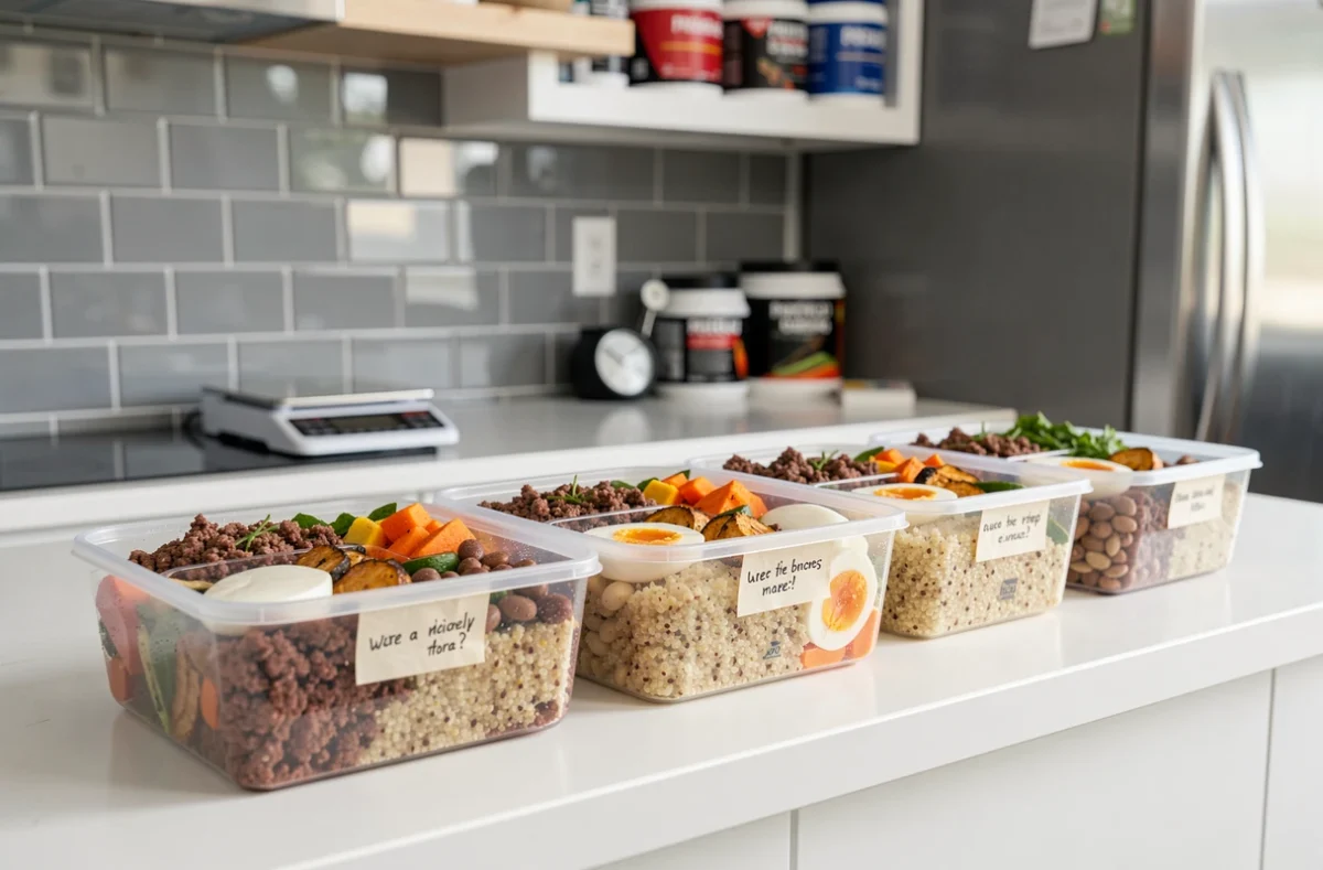 Meal prep hebdomadaire pour prise de masse homme avec six boîtes repas équilibrées riches en protéines et glucides complexes