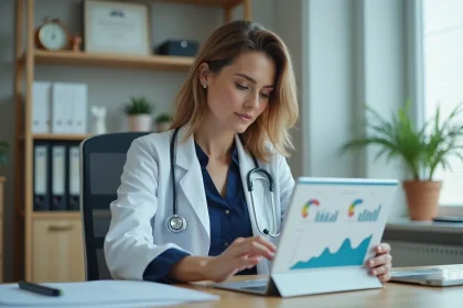 Médecin généraliste utilisant un logiciel médical Korelio sur une tablette dans son cabinet