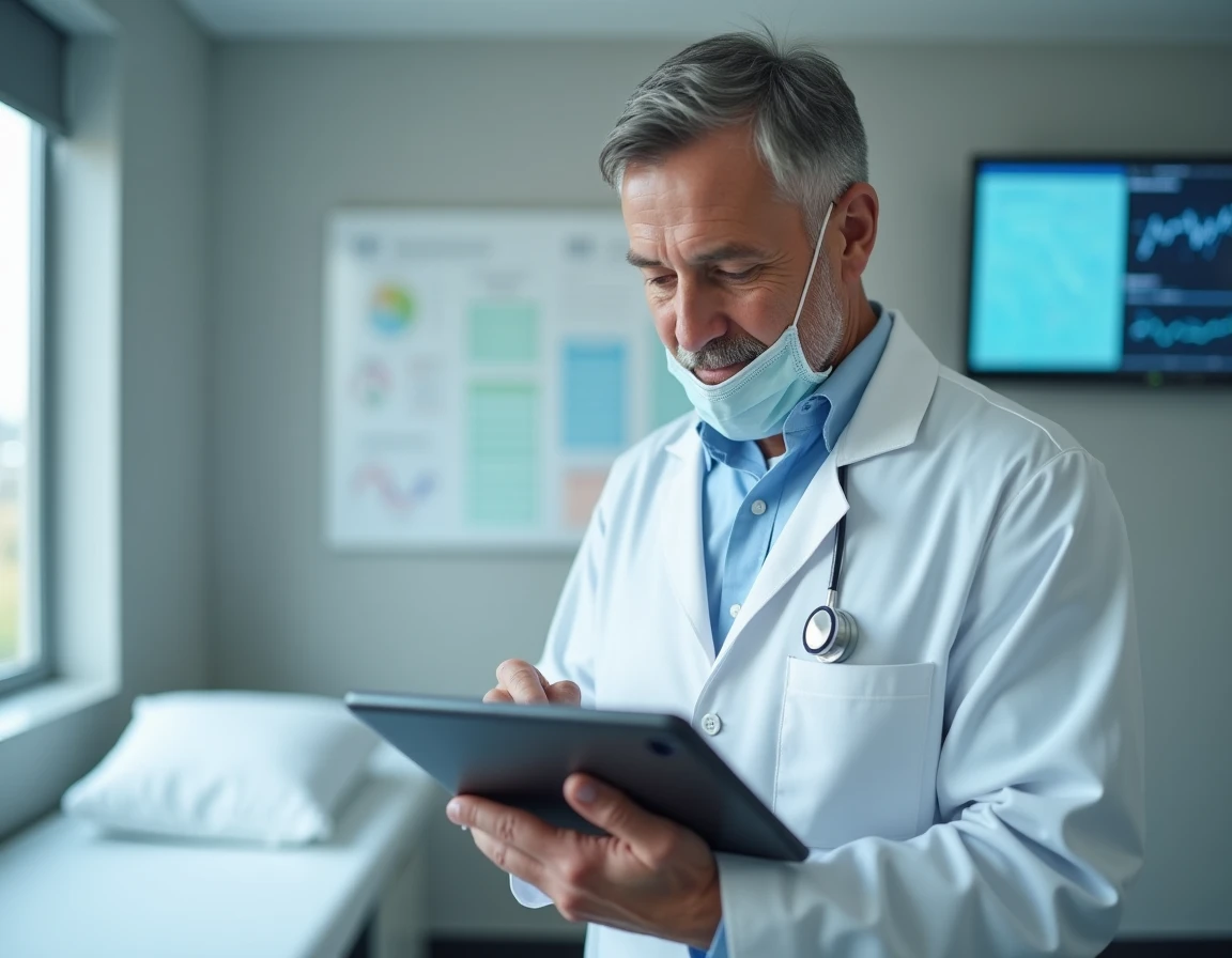 Médecin en blouse blanche consultant une tablette numérique dans un cabinet hospitalier moderne, symbolisant le suivi médical du nouveau variant Covid