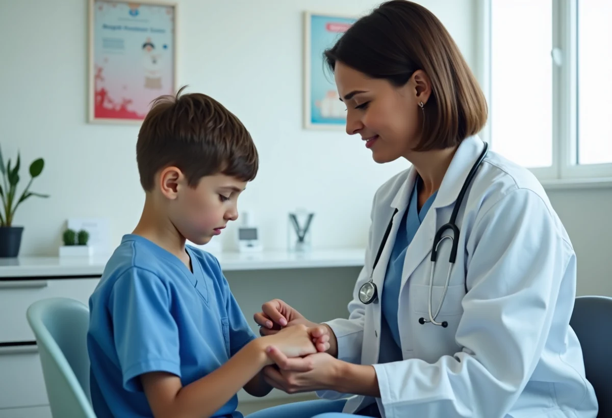 Medecin femme examine un enfant dans un cabinet moderne