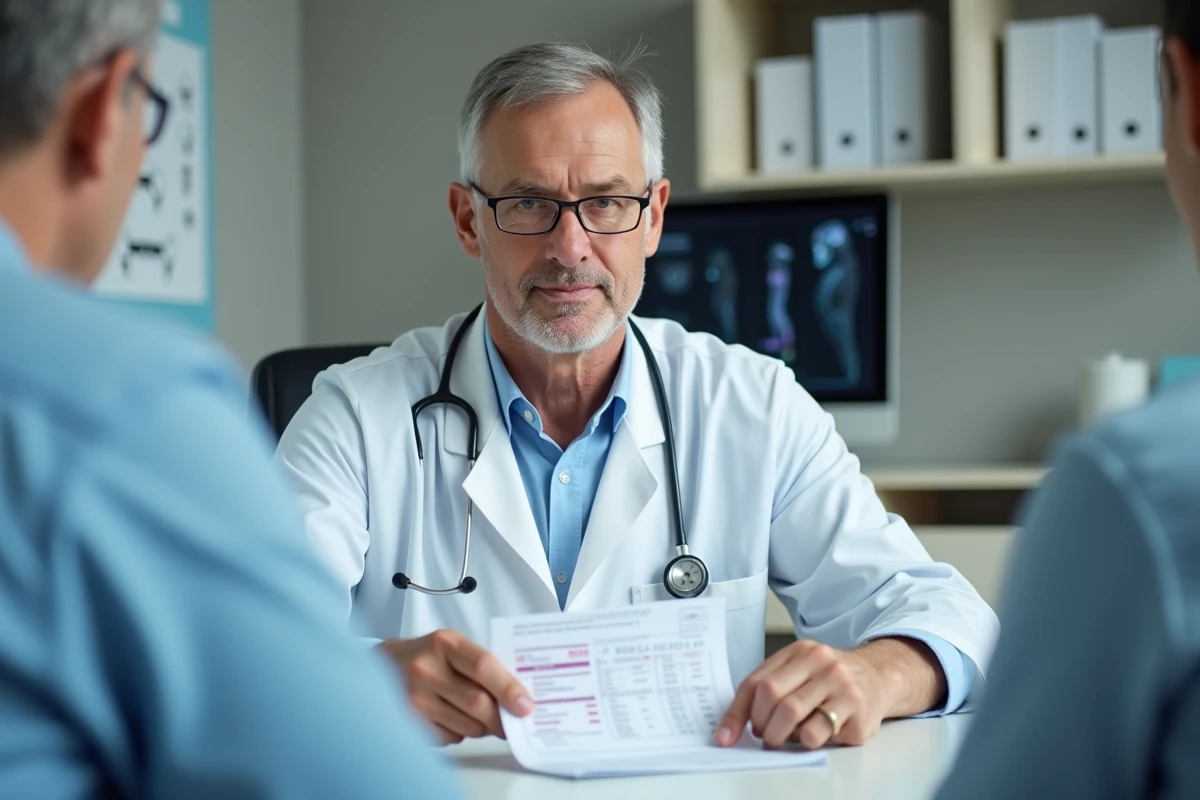 Médecin généraliste expliquant un résultat de NFS avec VGM élevé à son patient en cabinet médical