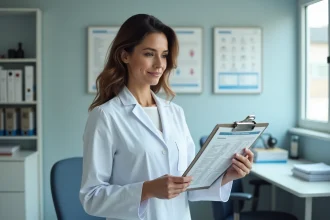 Médecin femme en blouse blanche examine un bilan phosphocalcique