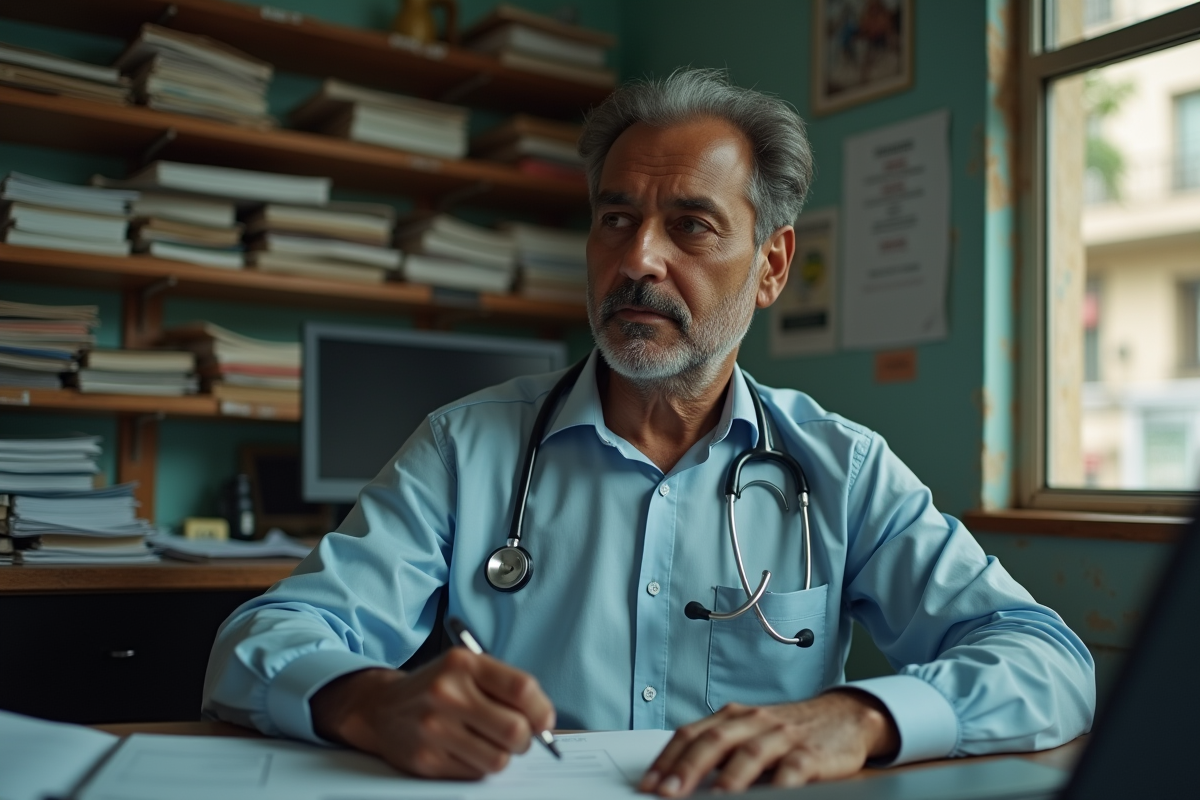 Médecin homme dans son bureau avec documents et ordinateur