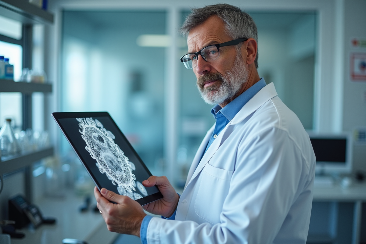 Médecin en laboratoire tenant une tablette avec bactérie pertussis