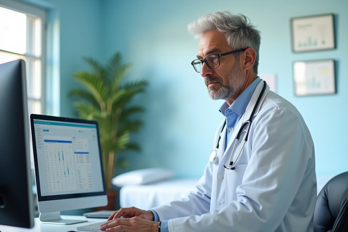 Médecin masculin devant un ordinateur de cabinet médical avec interface de gestion des patients